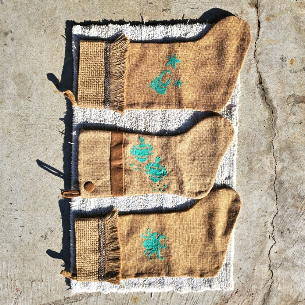 Burlap Christmas Stocking with Teal coastal accent